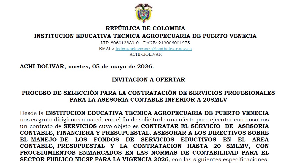 INVITACION A OFERTAR PROCESO DE SELECCIÓN PARA LA CONTRATACIÓN DE SERVICIOS DE APOYO A LA GESTIÓN CONTABLE